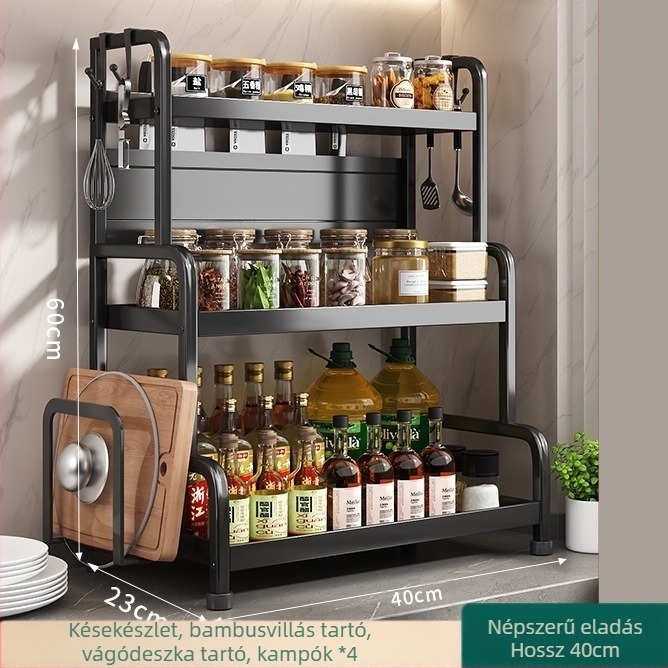 Fűszertartó polc kés- és pálcika tartóval, konyhapulton, szénacélból, többrészes, lyukmentes kialakítás, modern minimalista stílus