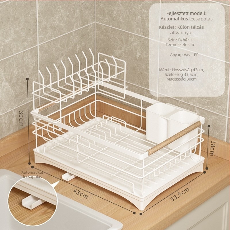 Konyhai lefolyó tálcás állvány – vasdrót anyag, modern minimalista stílus, mosogató alatti tároló, alkalmas tálakhoz és evőeszközökhöz