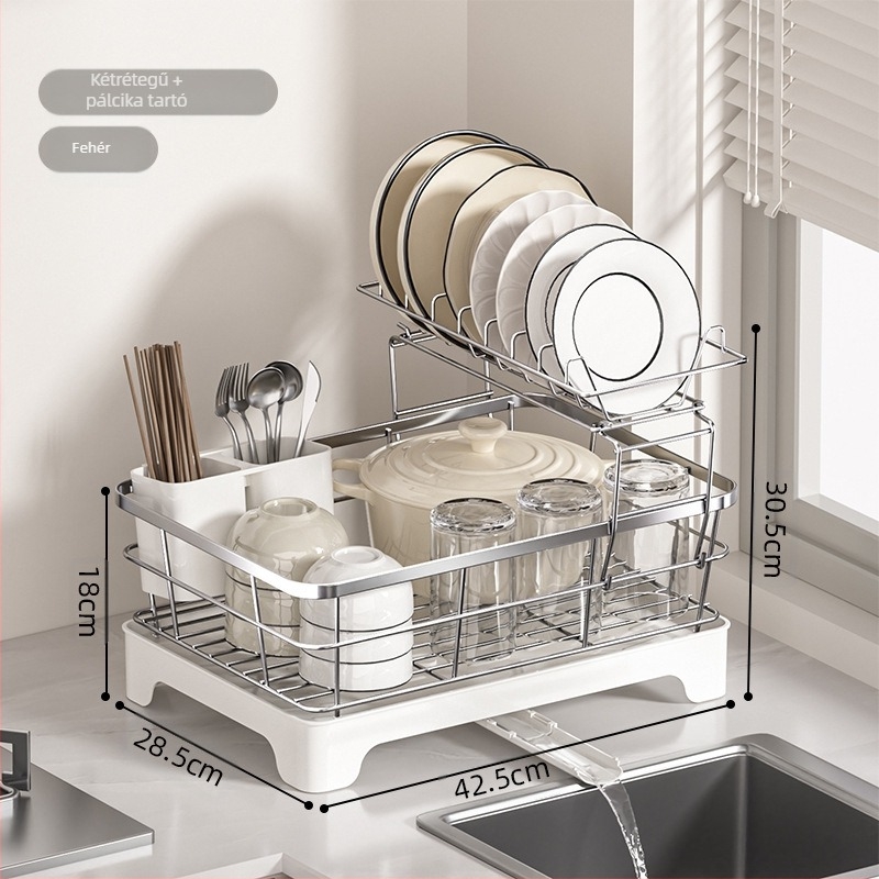 Konyhai lefolyó tálcás állvány – vasdrót anyag, modern minimalista stílus, mosogató alatti tároló, alkalmas tálakhoz és evőeszközökhöz