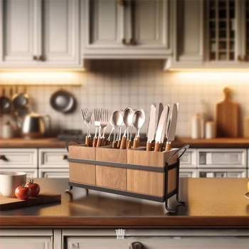 Fából készült háromrekeszes asztali rendszerező edényekhez и sminkecsetekhez, összecsukható, egyszerű modern dizájn