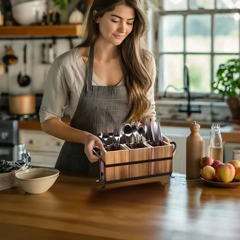 Fából készült háromrekeszes asztali rendszerező edényekhez и sminkecsetekhez, összecsukható, egyszerű modern dizájn