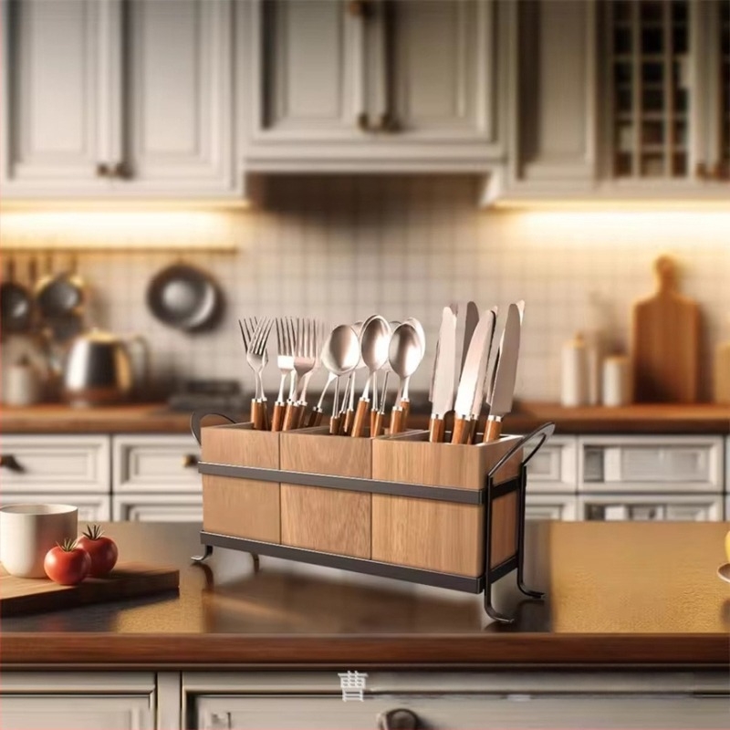 Fából készült háromrekeszes asztali rendszerező edényekhez и sminkecsetekhez, összecsukható, egyszerű modern dizájn