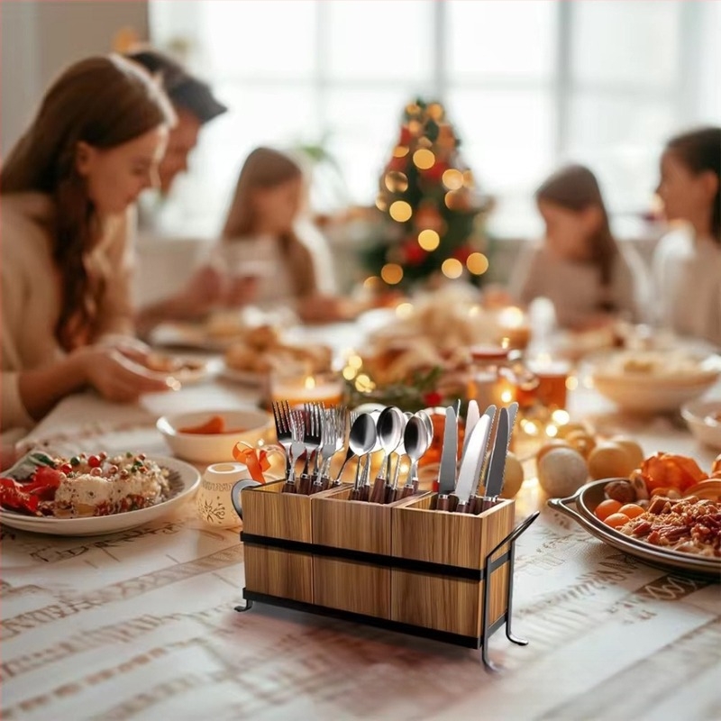 Fából készült háromrekeszes asztali rendszerező edényekhez и sminkecsetekhez, összecsukható, egyszerű modern dizájn