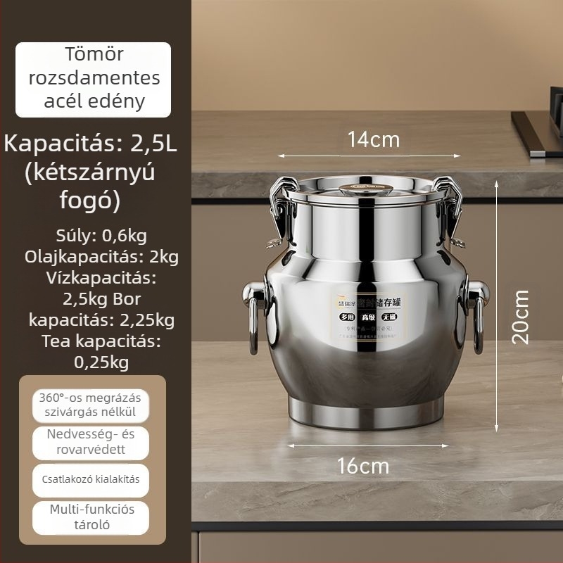 Rozsdamentes acél zárható tartály vastag falú kivitelben, koreai stílus, kapacitás 3,1–4 L