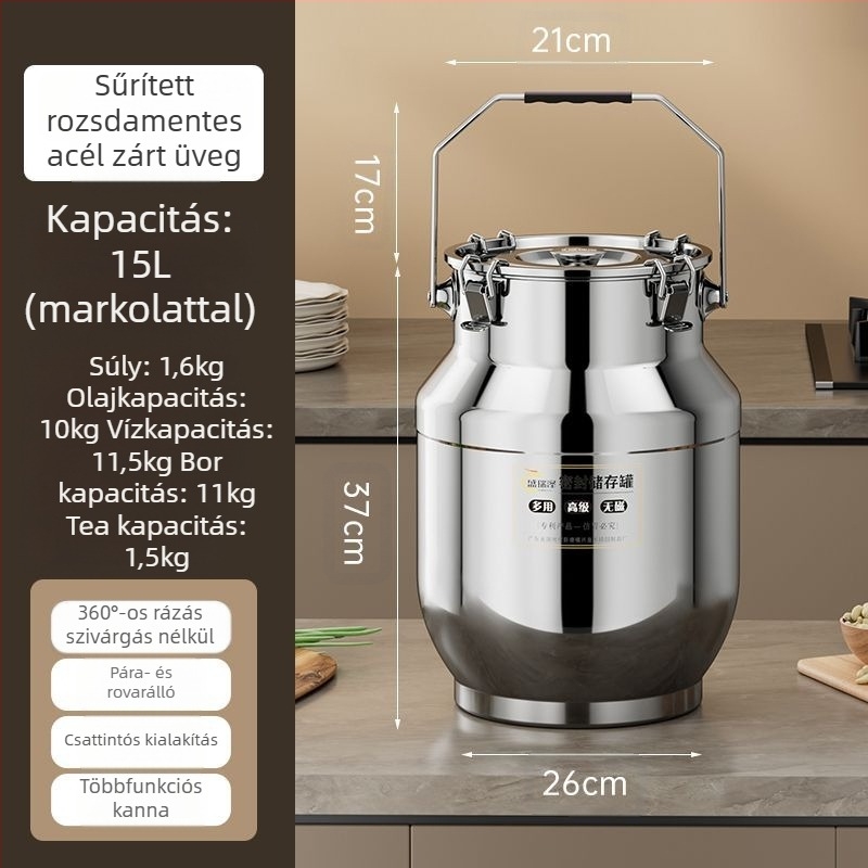 Rozsdamentes acél zárható tartály vastag falú kivitelben, koreai stílus, kapacitás 3,1–4 L