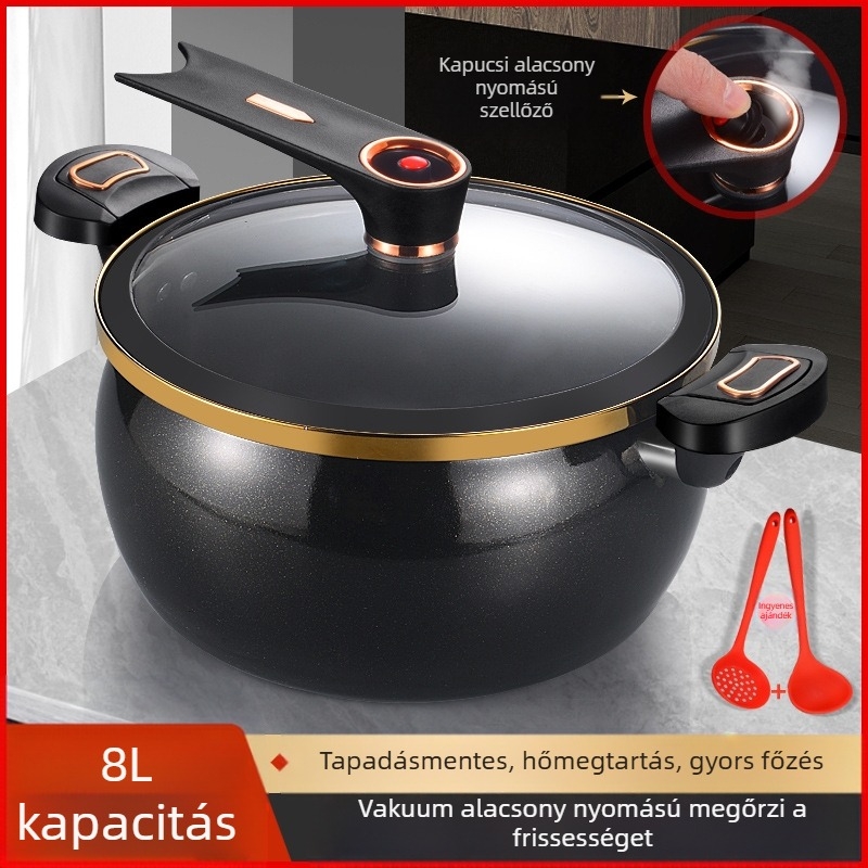 Leveses fazék zománcos kerámia testtel, mikronyomásos rendszer, üvegfedő, tapadásmentes bevonat, kapacitás több mint 5 L