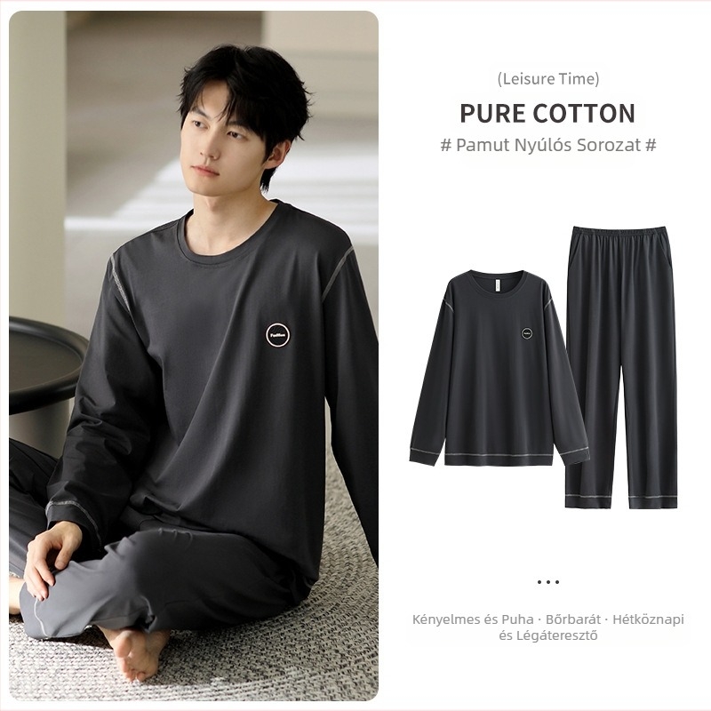 Férfi pamut pizsama készlet, hosszú ujjú, 95–100% pamut, tavasz–ősz, egyszerű laza stílus