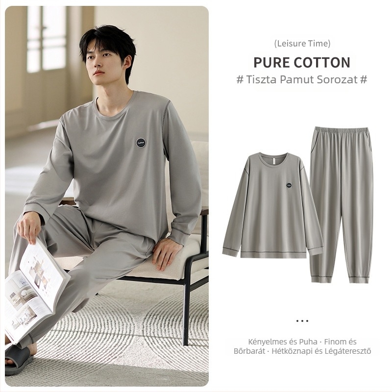 Férfi pamut pizsama készlet, hosszú ujjú, 95–100% pamut, tavasz–ősz, egyszerű laza stílus