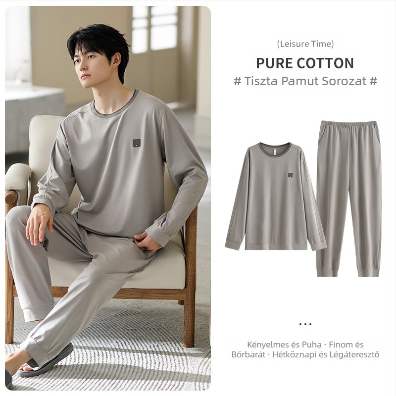 Férfi pamut pizsama készlet, hosszú ujjú, 95–100% pamut, tavasz–ősz, egyszerű laza stílus