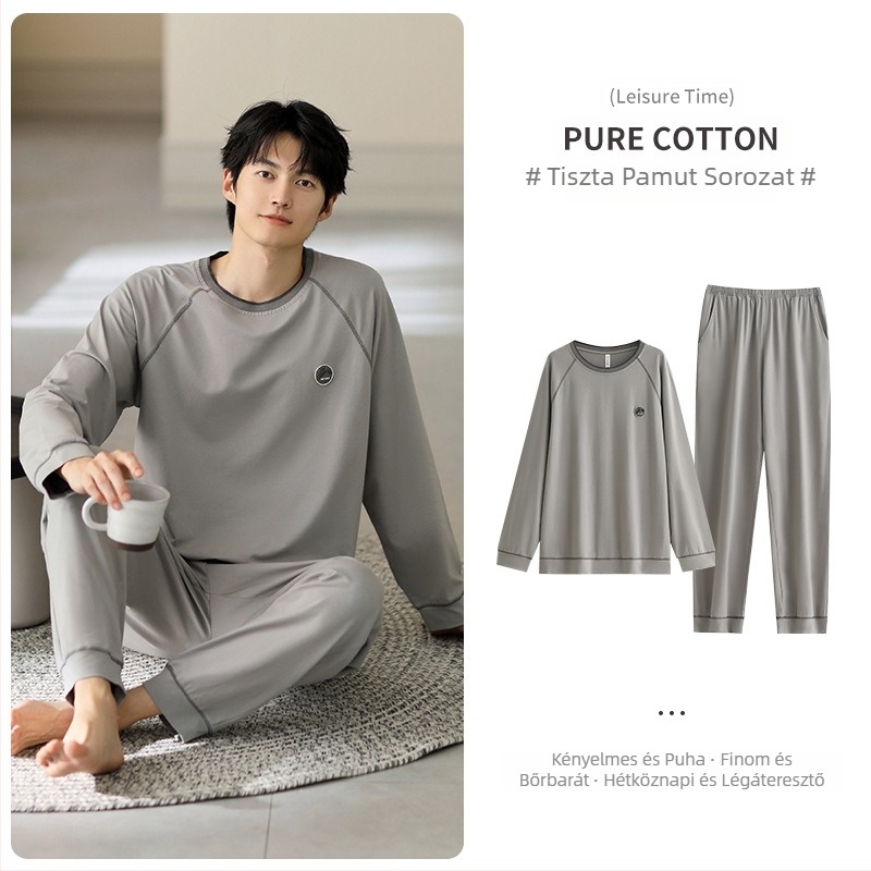 Férfi pamut pizsama készlet, hosszú ujjú, 95–100% pamut, tavasz–ősz, egyszerű laza stílus
