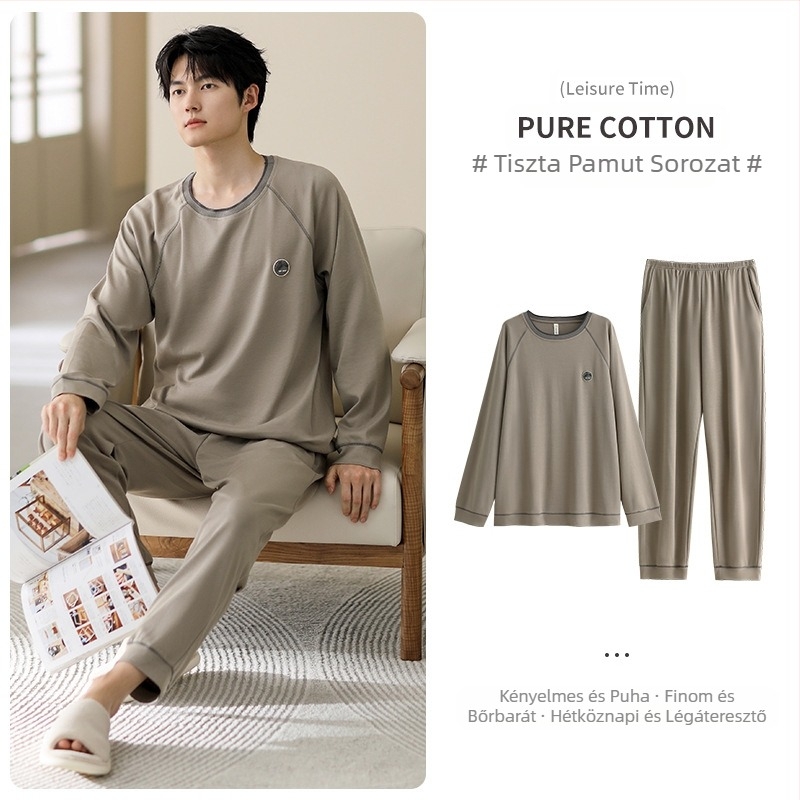 Férfi pamut pizsama készlet, hosszú ujjú, 95–100% pamut, tavasz–ősz, egyszerű laza stílus