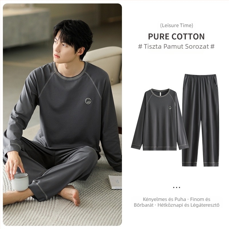 Férfi pamut pizsama készlet, hosszú ujjú, 95–100% pamut, tavasz–ősz, egyszerű laza stílus
