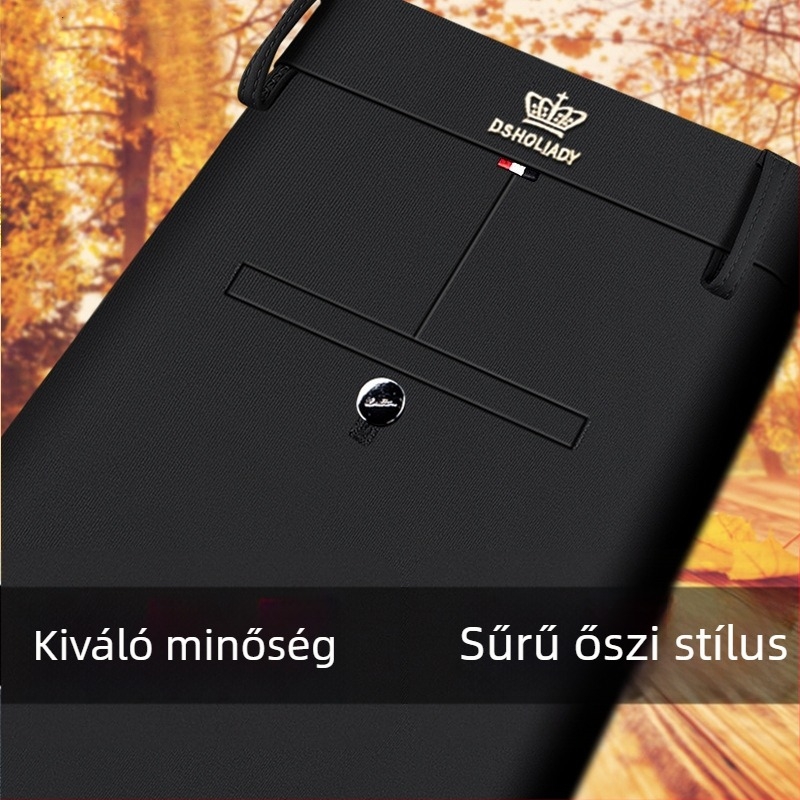 Férfi téli vastag fleece-béléssel, egyenes szabású üzleti nadrág, rugalmas, magas derék, zipzár, vasalás nélkül