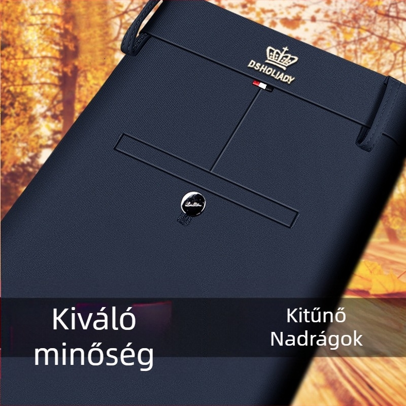 Férfi téli vastag fleece-béléssel, egyenes szabású üzleti nadrág, rugalmas, magas derék, zipzár, vasalás nélkül