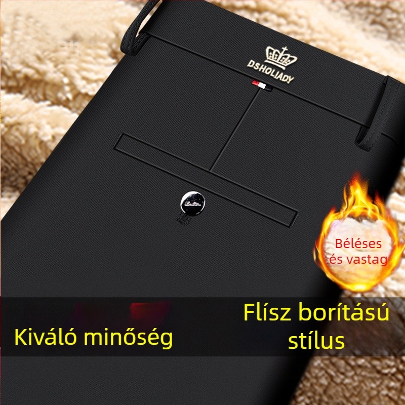 Férfi téli vastag fleece-béléssel, egyenes szabású üzleti nadrág, rugalmas, magas derék, zipzár, vasalás nélkül