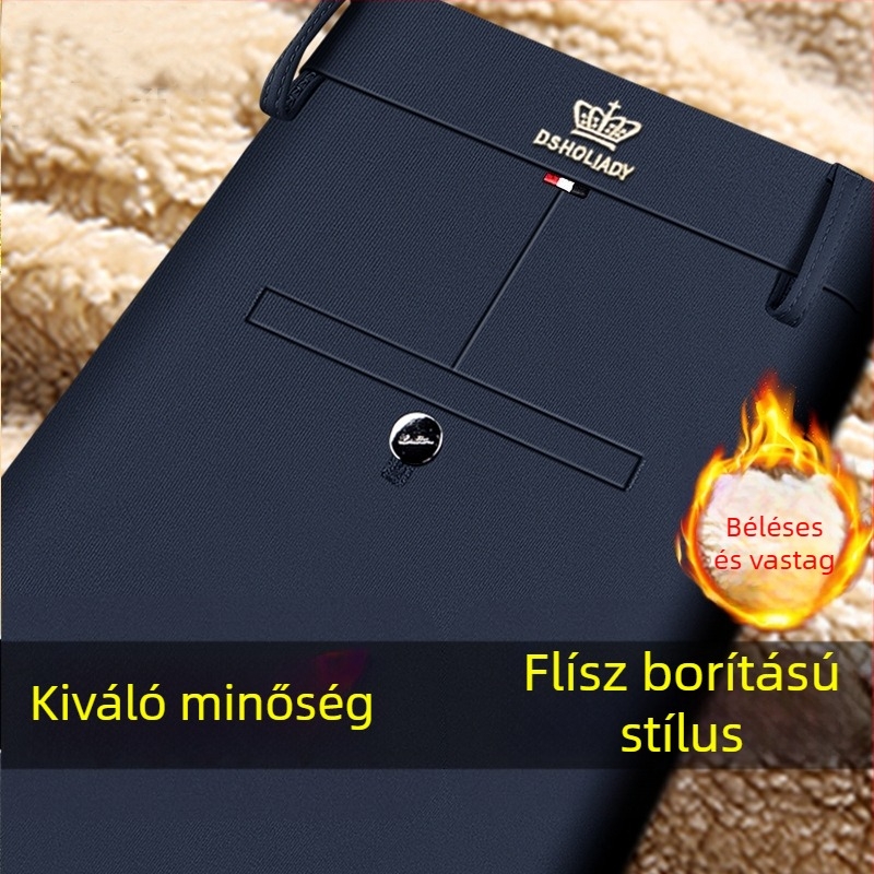Férfi téli vastag fleece-béléssel, egyenes szabású üzleti nadrág, rugalmas, magas derék, zipzár, vasalás nélkül