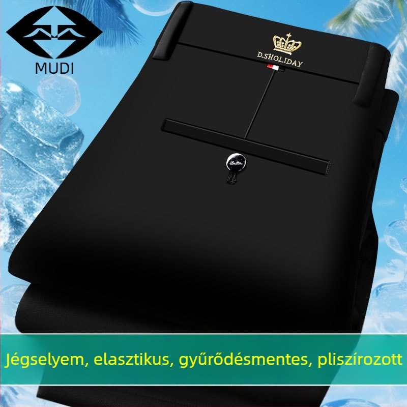 Férfi téli vastag fleece-béléssel, egyenes szabású üzleti nadrág, rugalmas, magas derék, zipzár, vasalás nélkül