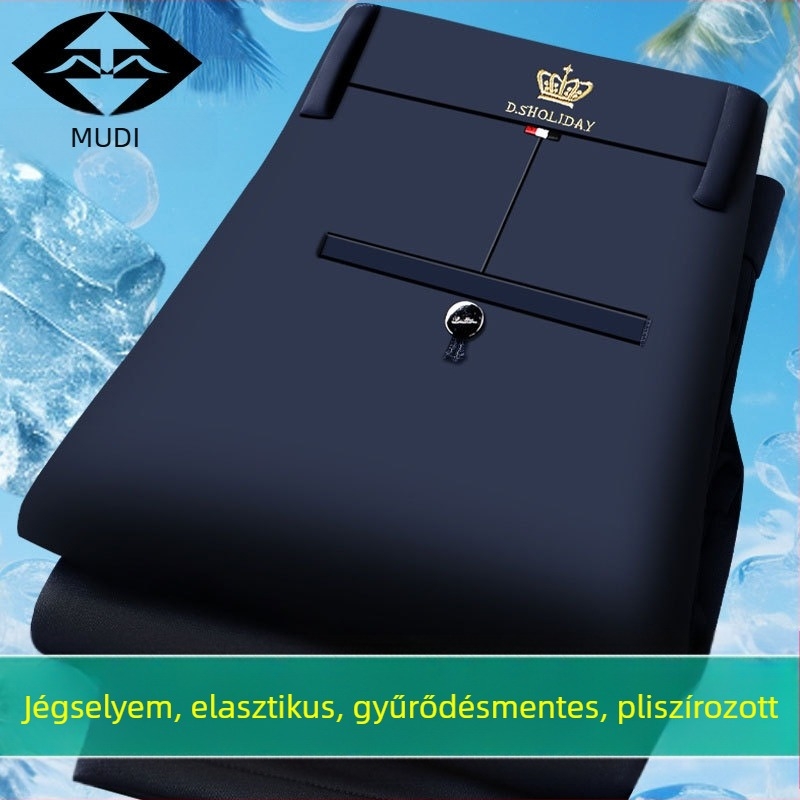 Férfi téli vastag fleece-béléssel, egyenes szabású üzleti nadrág, rugalmas, magas derék, zipzár, vasalás nélkül