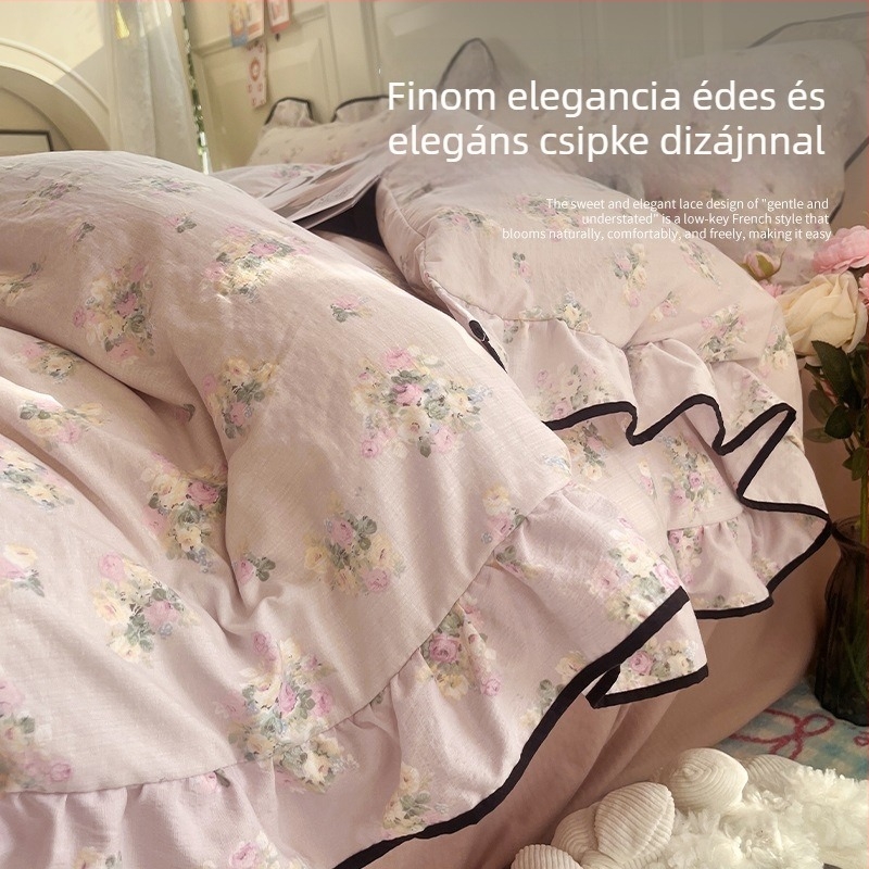 Francia hercegnő-stílusú mosott pamut ágyneműkészlet, négy részes (paplanhuzat, lepedő és párnahuzatok) kollégiumi ágyakhoz