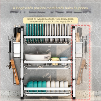 Rozsdamentes acél konyhai edényállvány — több rétegű, szárító funkcióval, modern, letisztult stílus