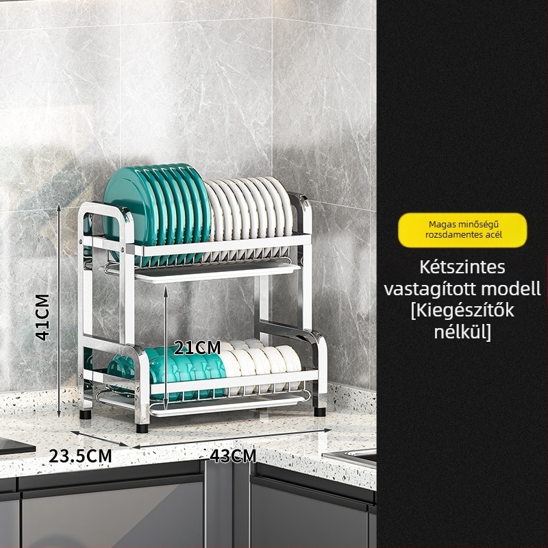 Rozsdamentes acél konyhai edényállvány — több rétegű, szárító funkcióval, modern, letisztult stílus