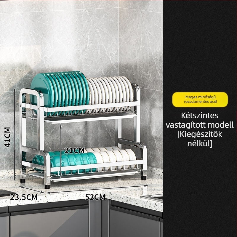 Rozsdamentes acél konyhai edényállvány — több rétegű, szárító funkcióval, modern, letisztult stílus