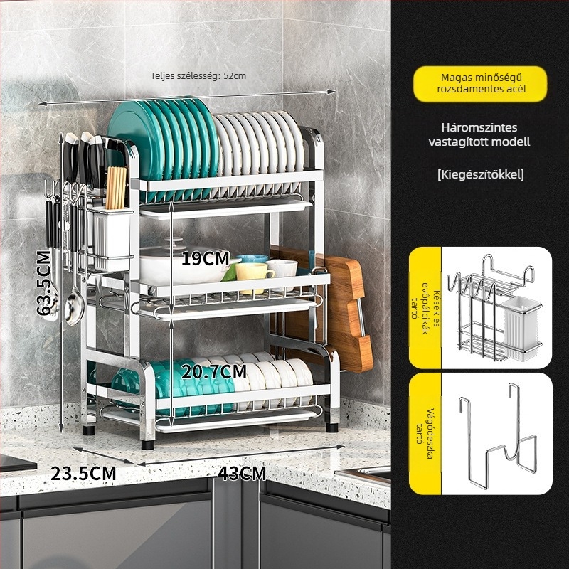 Rozsdamentes acél konyhai edényállvány — több rétegű, szárító funkcióval, modern, letisztult stílus
