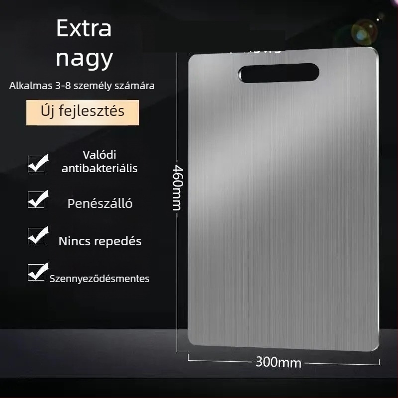 Rozsdamentes acélból készült vágódeszka, kétoldalas, penészmentes, antibakteriális, csúszásmentes felülettel.
