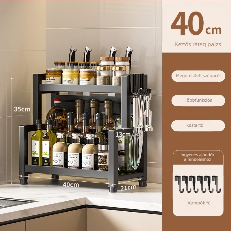 Asztali rozsdamentes acél fűszeres polc, több rétegű, kés és evőeszköz tartóval, olaj, só, szósz és ecet tárolására