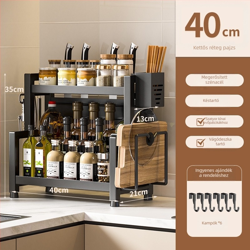 Asztali rozsdamentes acél fűszeres polc, több rétegű, kés és evőeszköz tartóval, olaj, só, szósz és ecet tárolására