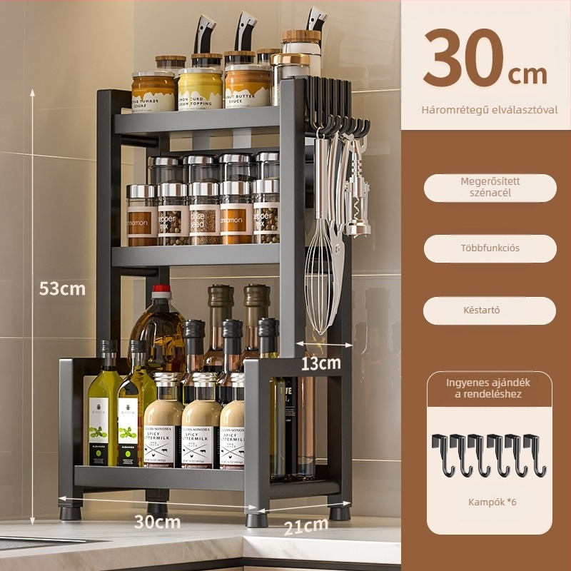 Asztali rozsdamentes acél fűszeres polc, több rétegű, kés és evőeszköz tartóval, olaj, só, szósz és ecet tárolására