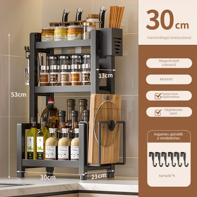 Asztali rozsdamentes acél fűszeres polc, több rétegű, kés és evőeszköz tartóval, olaj, só, szósz és ecet tárolására