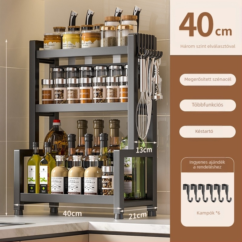 Asztali rozsdamentes acél fűszeres polc, több rétegű, kés és evőeszköz tartóval, olaj, só, szósz és ecet tárolására