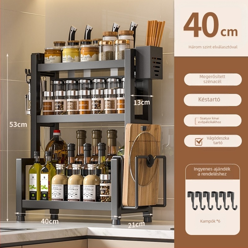 Asztali rozsdamentes acél fűszeres polc, több rétegű, kés és evőeszköz tartóval, olaj, só, szósz és ecet tárolására