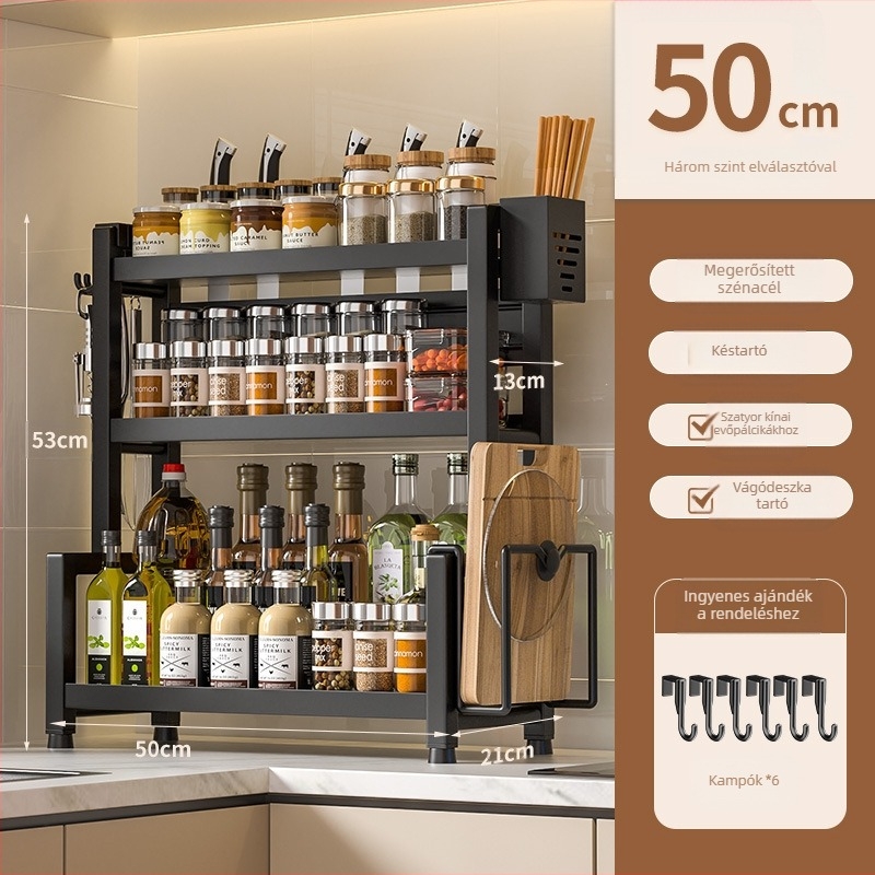 Asztali rozsdamentes acél fűszeres polc, több rétegű, kés és evőeszköz tartóval, olaj, só, szósz és ecet tárolására