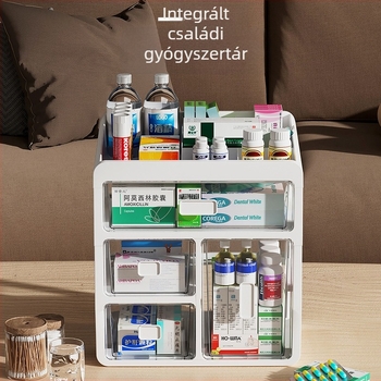Háztartási gyógyszeres doboz műanyagból, fiókos kialakítással, nagy kapacitású és több rétegű rekeszekkel