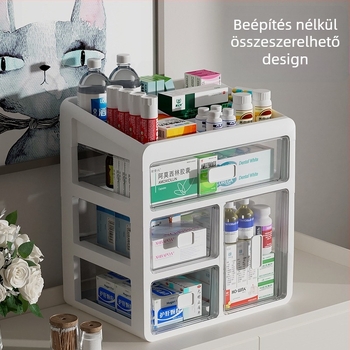 Háztartási gyógyszeres doboz műanyagból, fiókos kialakítással, nagy kapacitású és több rétegű rekeszekkel