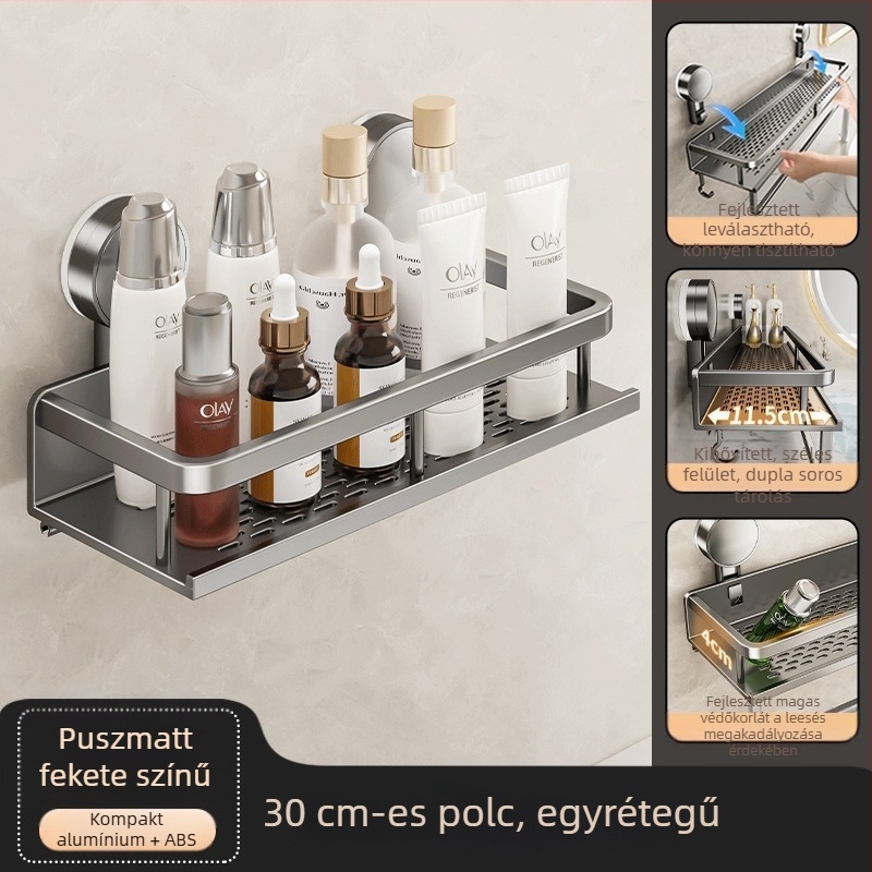 Fali szerelésű fürdőszobai tárolópolc vákuumos rögzítéssel, alumínium ötvözet, modell 229, teherbírás 10 kg, Zhejiang eredetű
