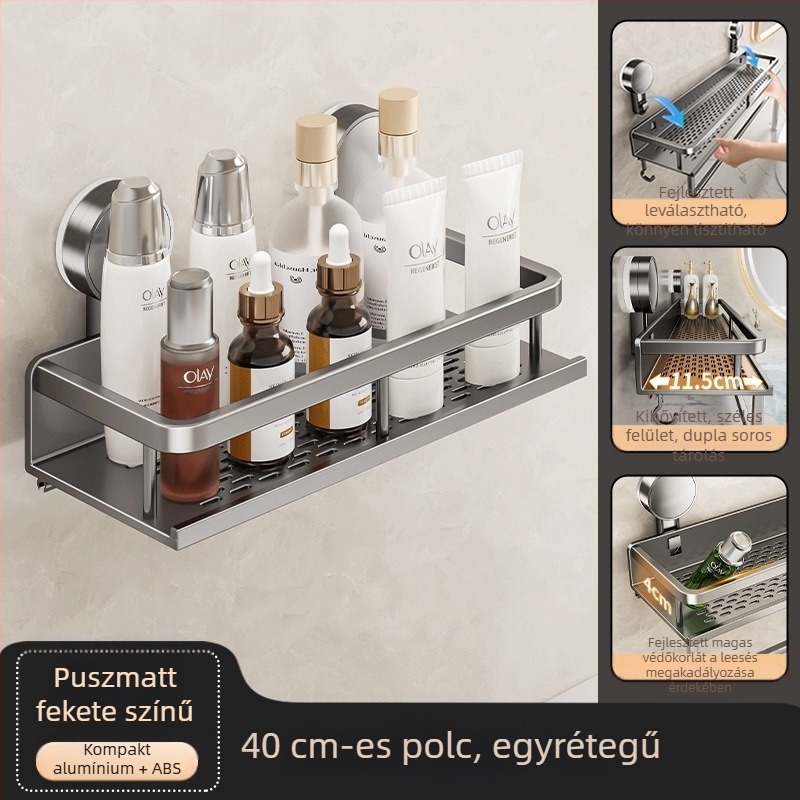 Fali szerelésű fürdőszobai tárolópolc vákuumos rögzítéssel, alumínium ötvözet, modell 229, teherbírás 10 kg, Zhejiang eredetű