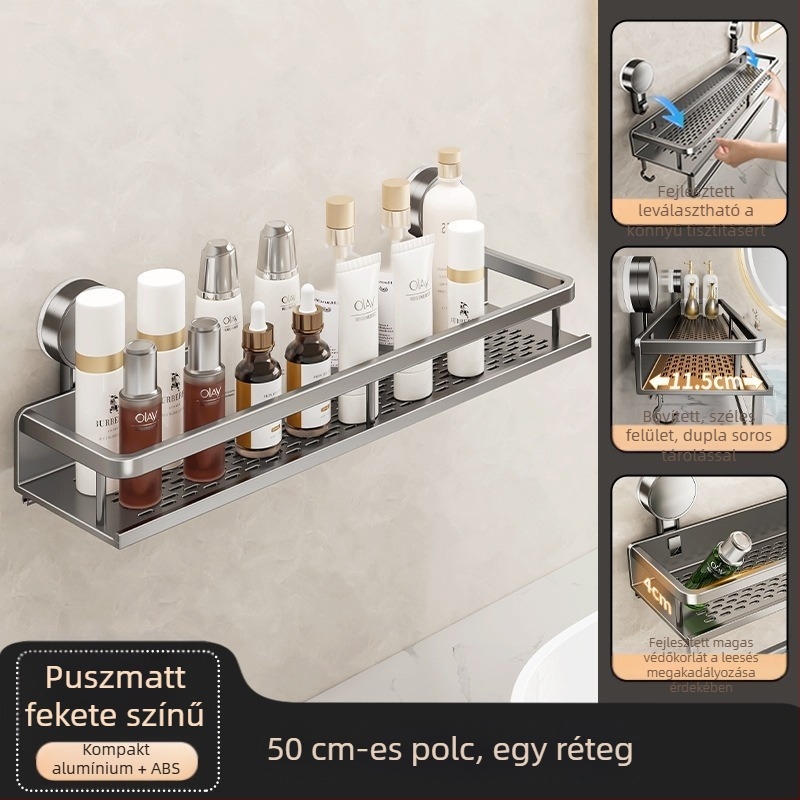 Fali szerelésű fürdőszobai tárolópolc vákuumos rögzítéssel, alumínium ötvözet, modell 229, teherbírás 10 kg, Zhejiang eredetű