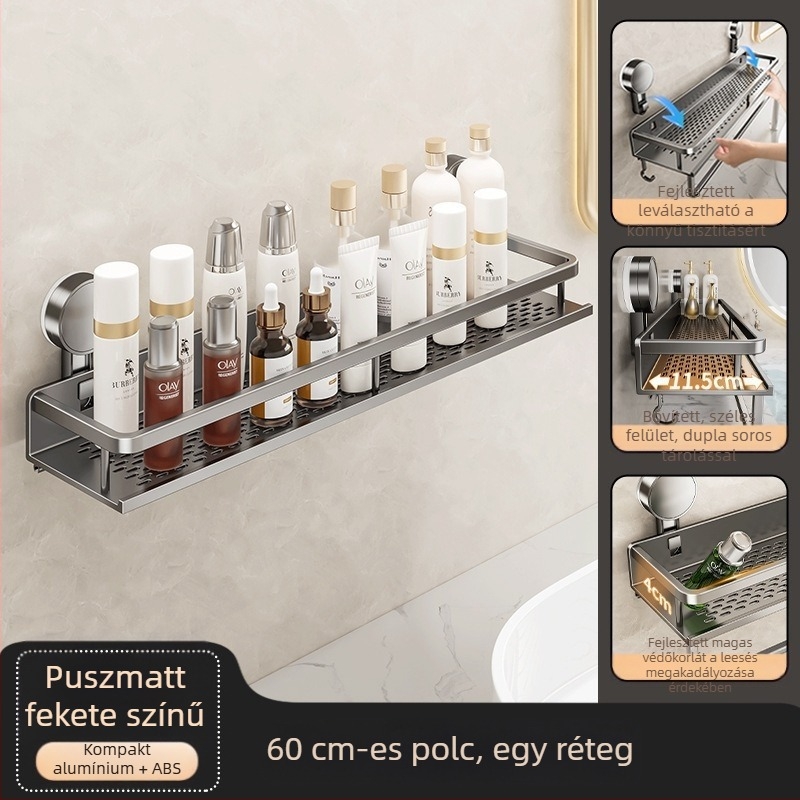 Fali szerelésű fürdőszobai tárolópolc vákuumos rögzítéssel, alumínium ötvözet, modell 229, teherbírás 10 kg, Zhejiang eredetű