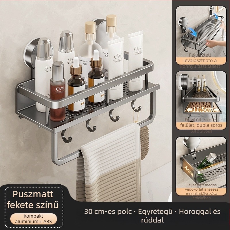 Fali szerelésű fürdőszobai tárolópolc vákuumos rögzítéssel, alumínium ötvözet, modell 229, teherbírás 10 kg, Zhejiang eredetű