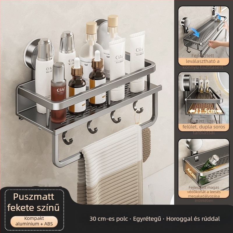 Fali szerelésű fürdőszobai tárolópolc vákuumos rögzítéssel, alumínium ötvözet, modell 229, teherbírás 10 kg, Zhejiang eredetű