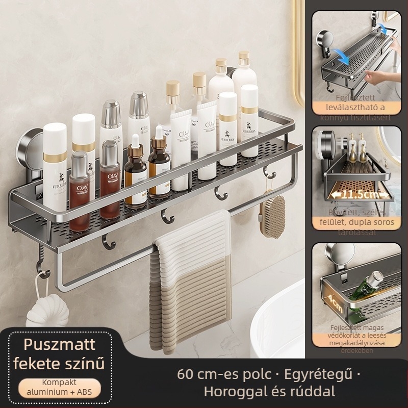 Fali szerelésű fürdőszobai tárolópolc vákuumos rögzítéssel, alumínium ötvözet, modell 229, teherbírás 10 kg, Zhejiang eredetű