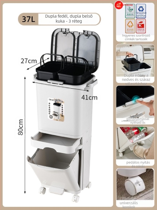 Konyhai szemetes fedéllel, nyomó típusú nyitás, PP anyagú, kapacitás >12 L, hengeres alakú, háztartási használatra