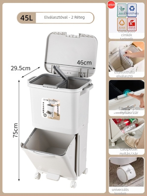 Konyhai szemetes fedéllel, nyomó típusú nyitás, PP anyagú, kapacitás >12 L, hengeres alakú, háztartási használatra