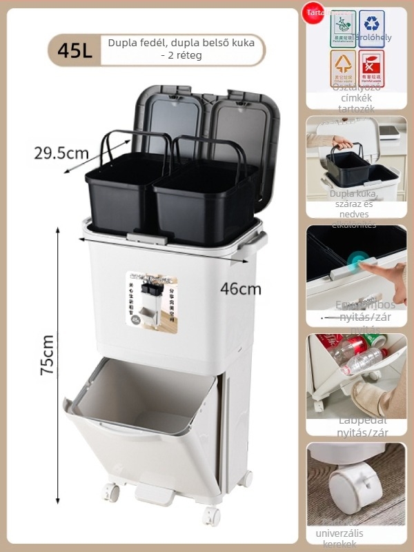 Konyhai szemetes fedéllel, nyomó típusú nyitás, PP anyagú, kapacitás >12 L, hengeres alakú, háztartási használatra