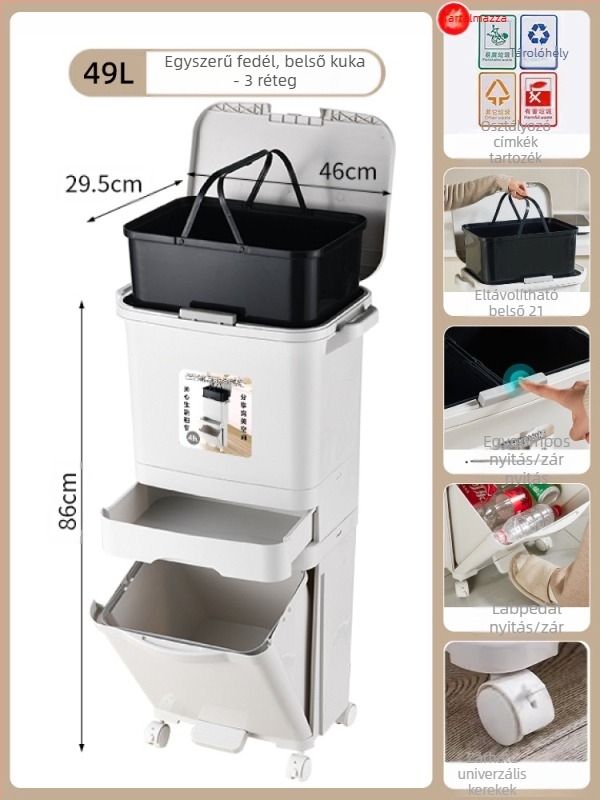 Konyhai szemetes fedéllel, nyomó típusú nyitás, PP anyagú, kapacitás >12 L, hengeres alakú, háztartási használatra