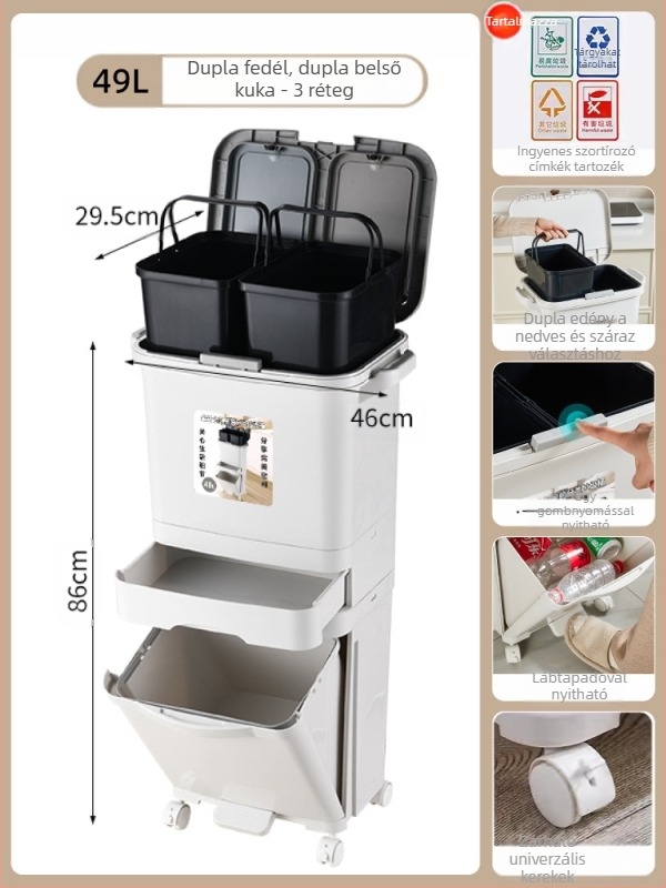 Konyhai szemetes fedéllel, nyomó típusú nyitás, PP anyagú, kapacitás >12 L, hengeres alakú, háztartási használatra