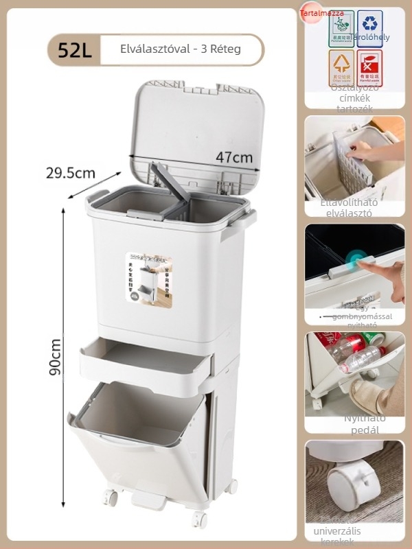 Konyhai szemetes fedéllel, nyomó típusú nyitás, PP anyagú, kapacitás >12 L, hengeres alakú, háztartási használatra